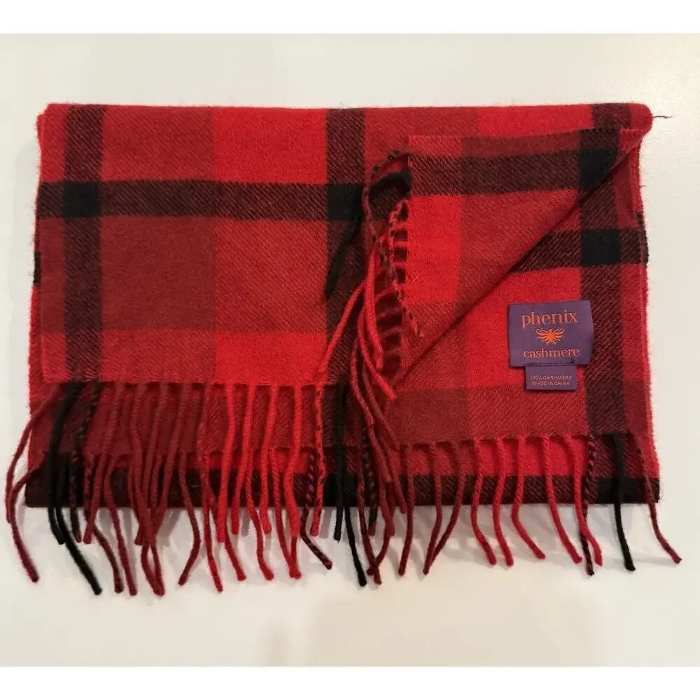 Phenix Cashmere Scarf Red Black Plaid Old Money Preppy Classic 100% cashmere